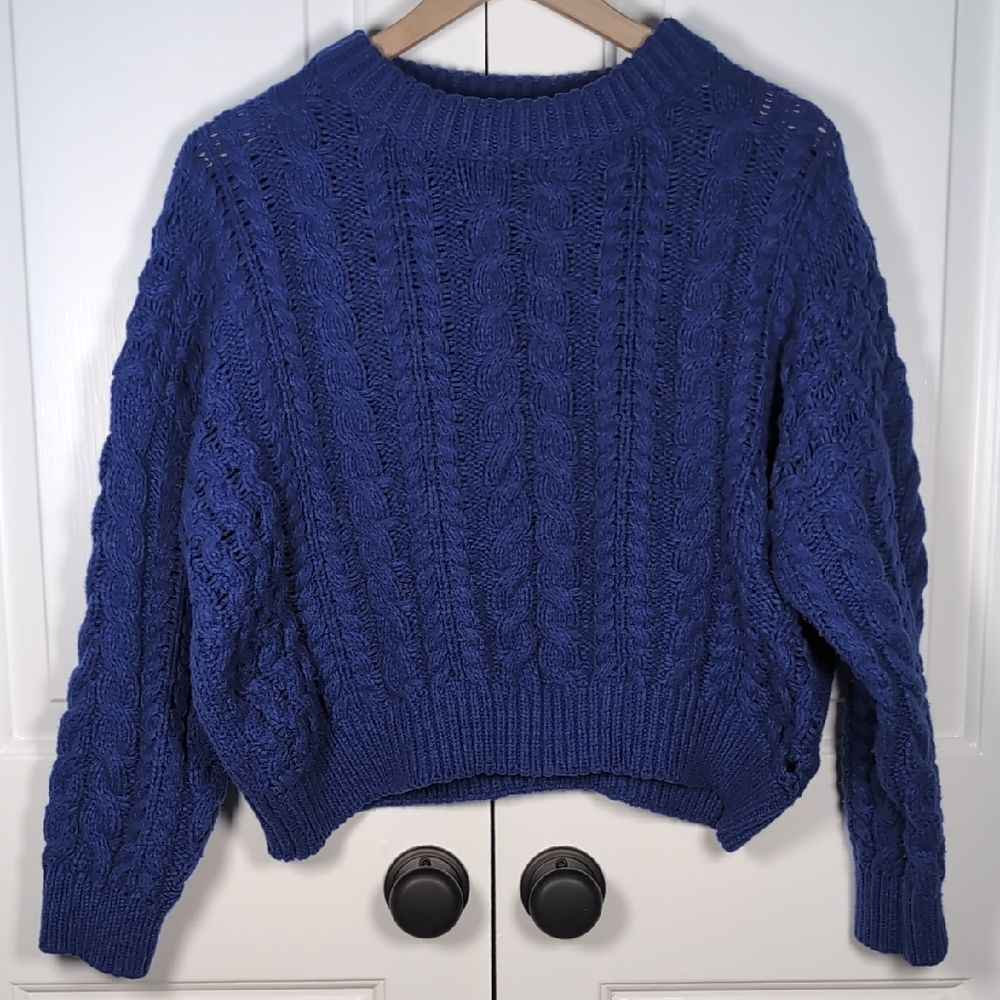 Oversized Chunky Cable Knit Sweater in Cobalt Blue Size Large Coastal Fisherman